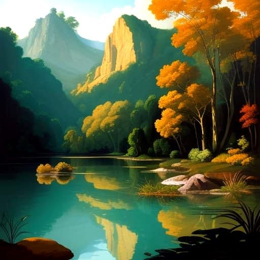 Sunset Over a Body of Water with Stones in the Foreground, a...