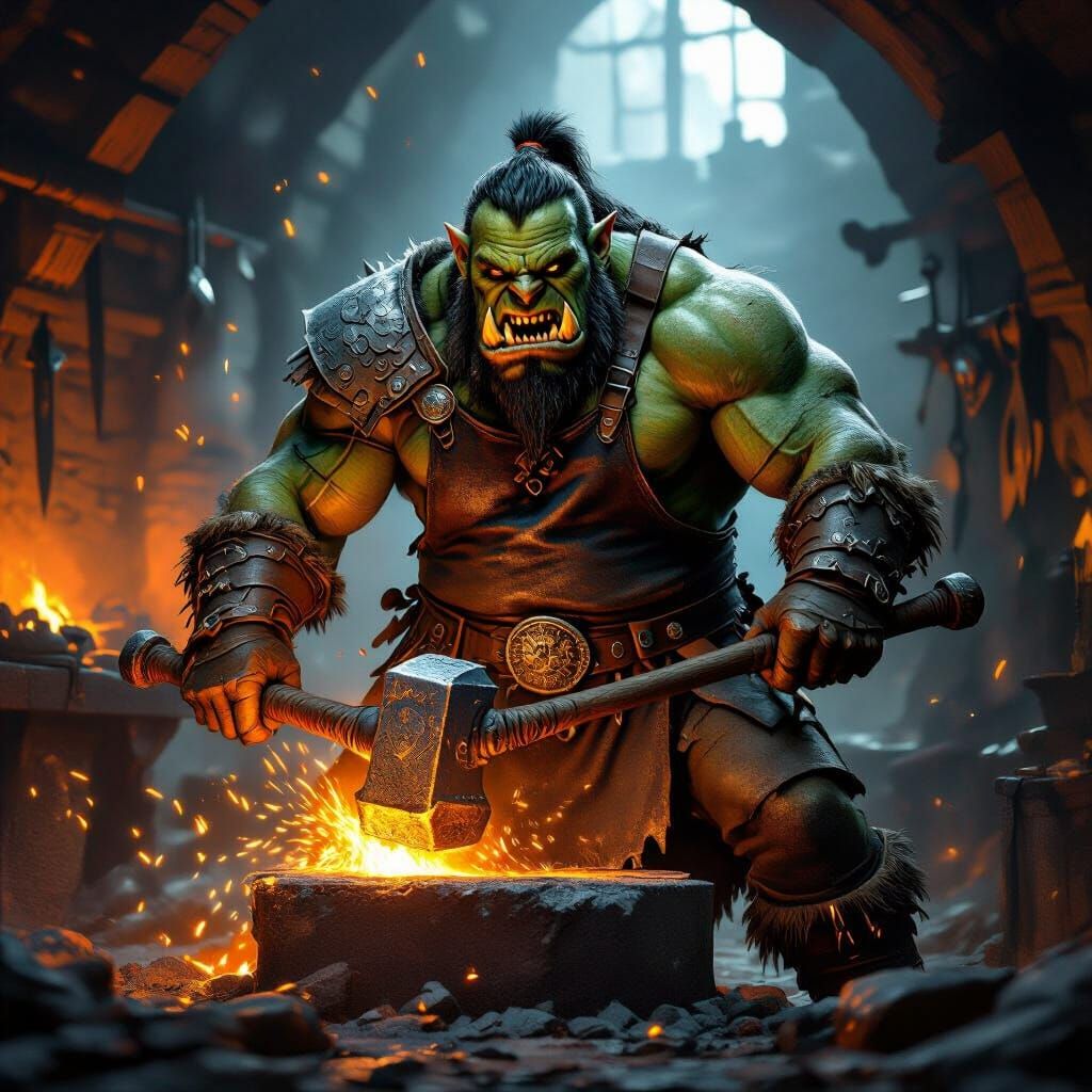 Orc Blacksmith Forges Warhammer in Dark Fantasy Style