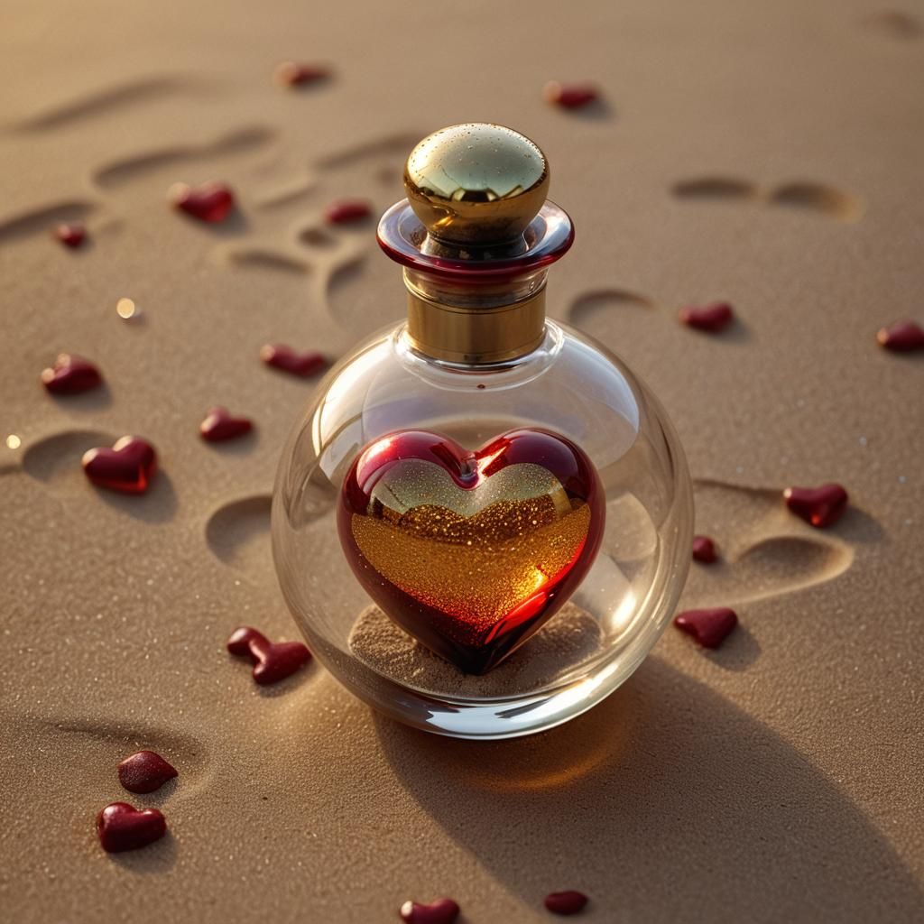 Radiant Golden Heart Still Life in Glass Bottle
