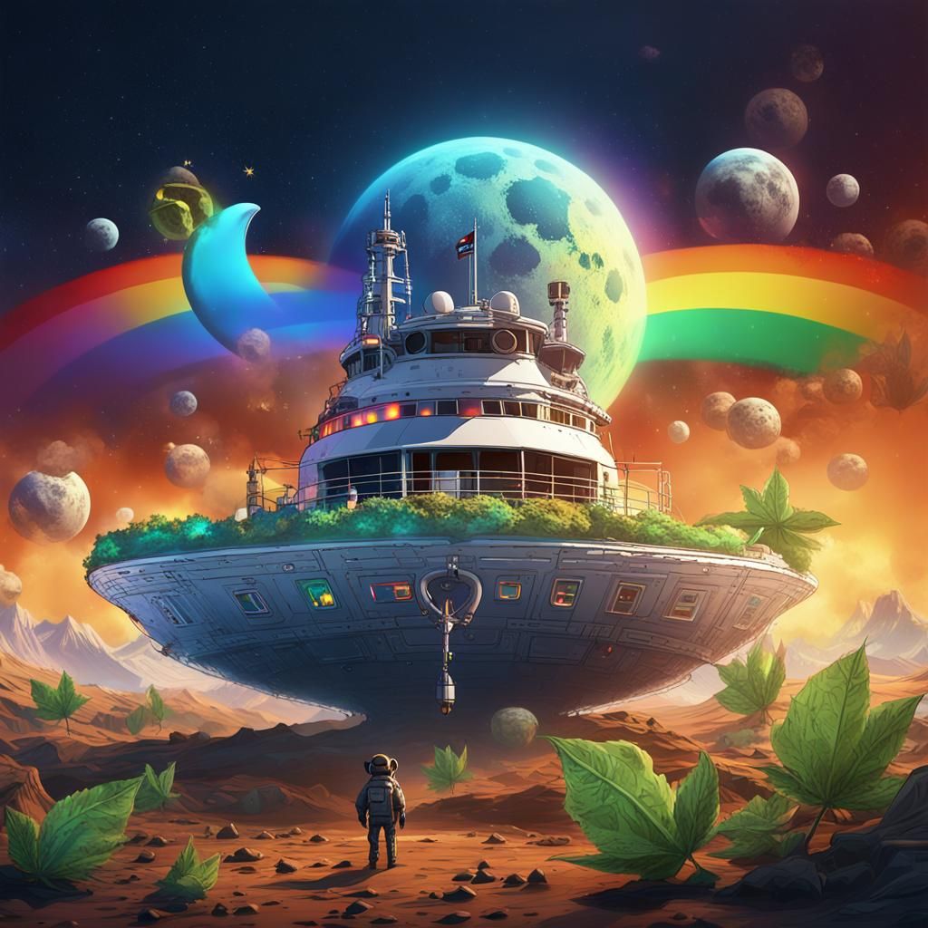 Dope on the Moon with UFO in Fantasy Art