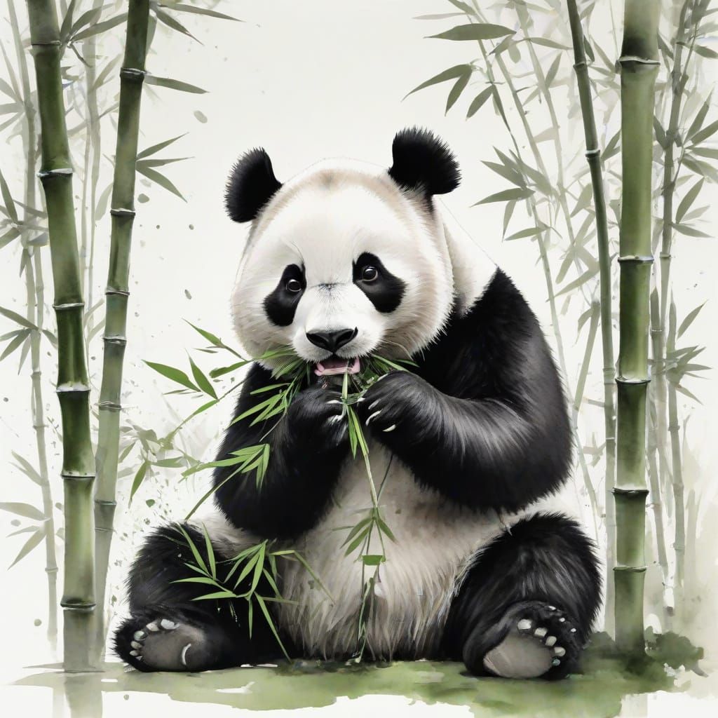 Chinese Panda in Black and White Ink Painting