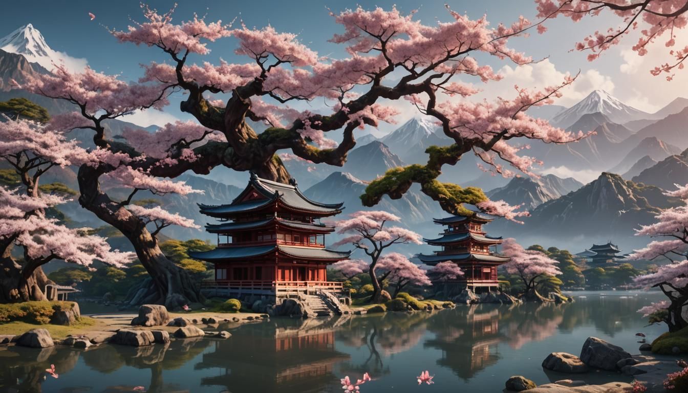 Ancient Sakura Tree by Lake: Fantasy Concept Art