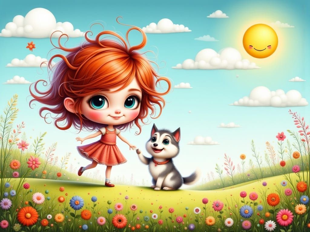 Cute Girl and Dog Play in Floral Meadow Cartoon