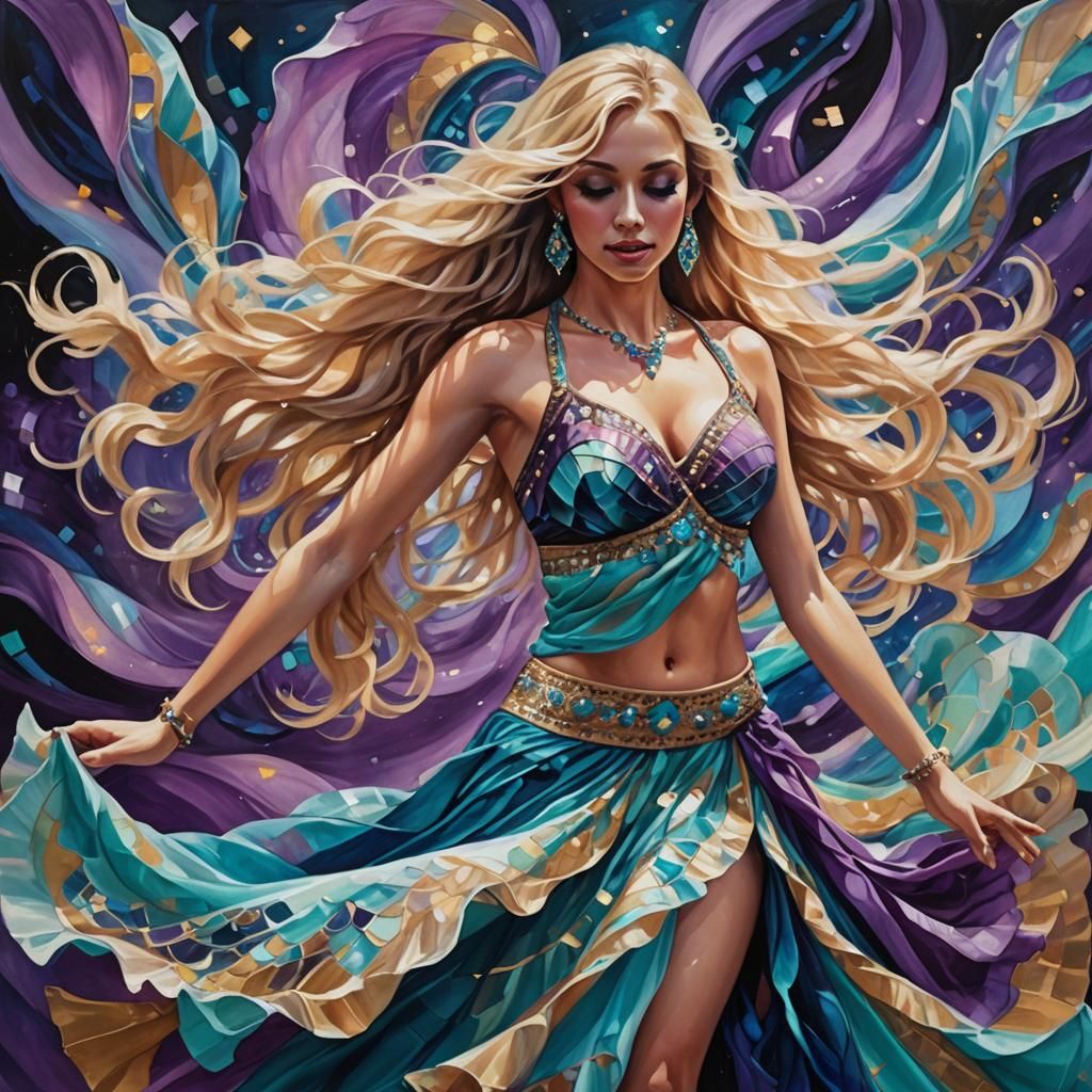 Vibrant Oil Painting of Belly Dancer at Night Festival