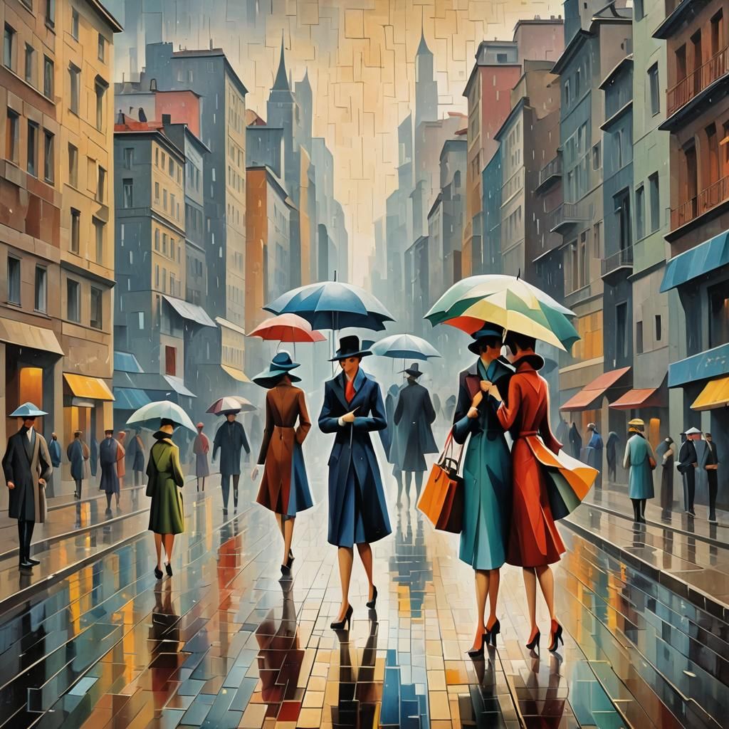 Abstract Cubist Cityscape with Giant Raindrops