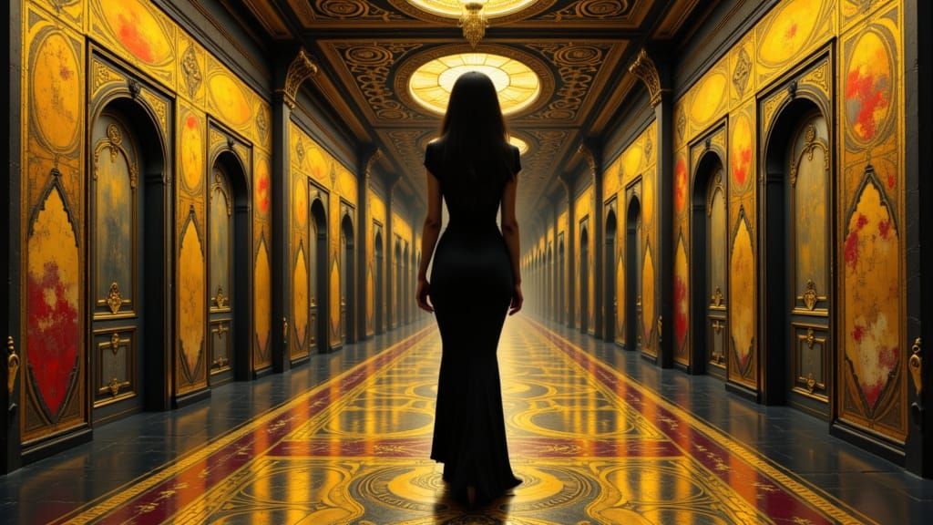 Elegant Lady in Art Nouveau Hallway