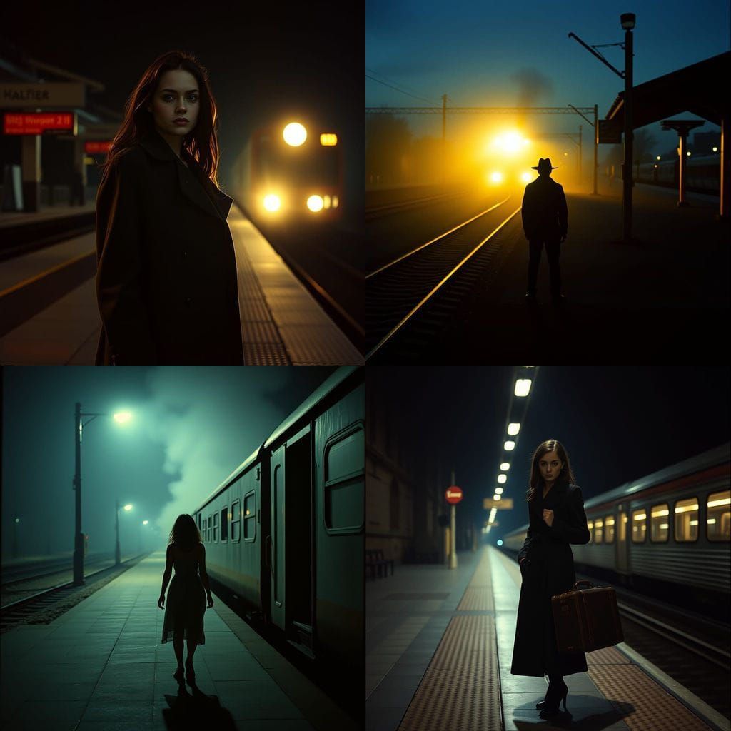 Midnight Train Cinematic Film Still in Epic Film Grain Style