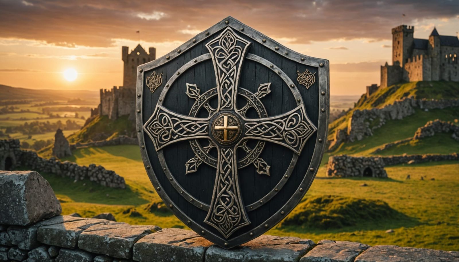 Medieval Shield with Celtic Cross in Sunset Glory