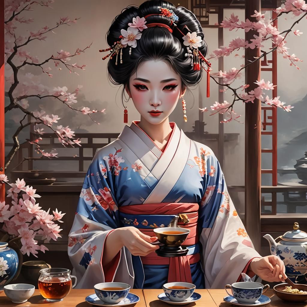 Geisha Tea Master in Kimono Oil Painting