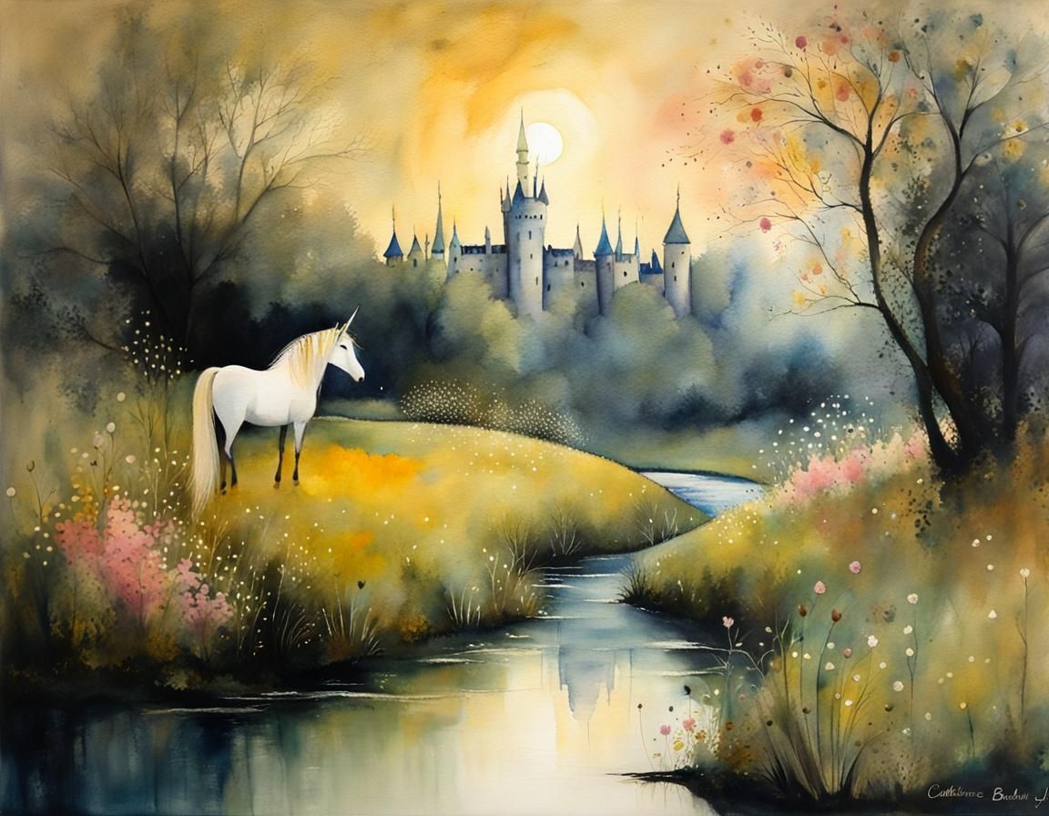 Dreamy Unicorn in Watercolor Fairytale Landscape