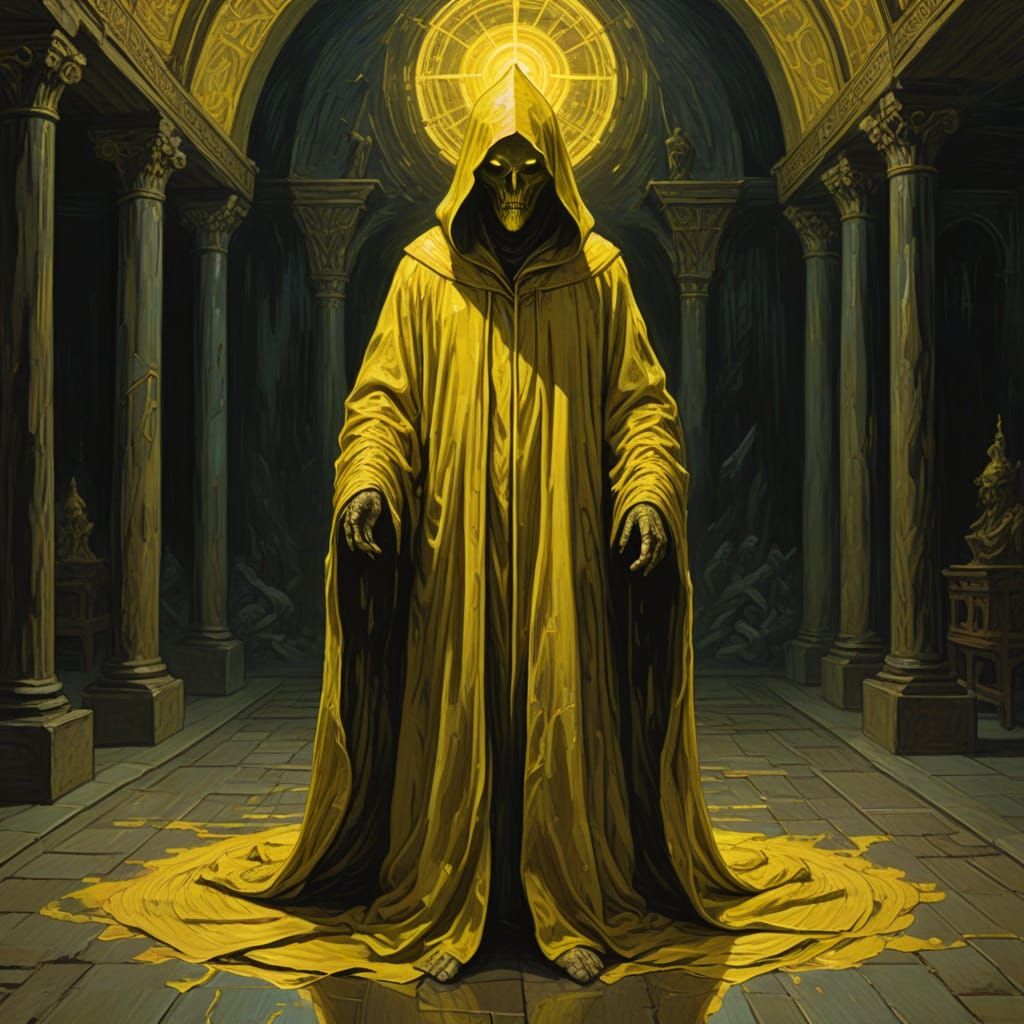 Mysterious Figure in Glowing Robes, Suspended above Dark Mag...