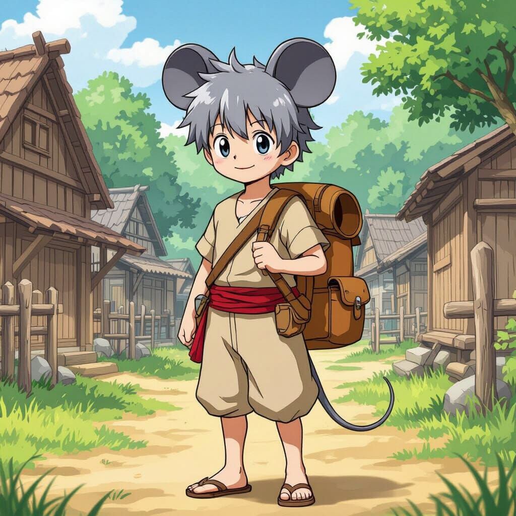 Manga-Style Boy with Mouse Ears in Village Setting