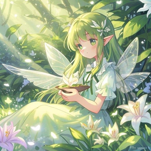 Enchanting Fairy Rests on Dew-Kissed Lily in Forest Clearing