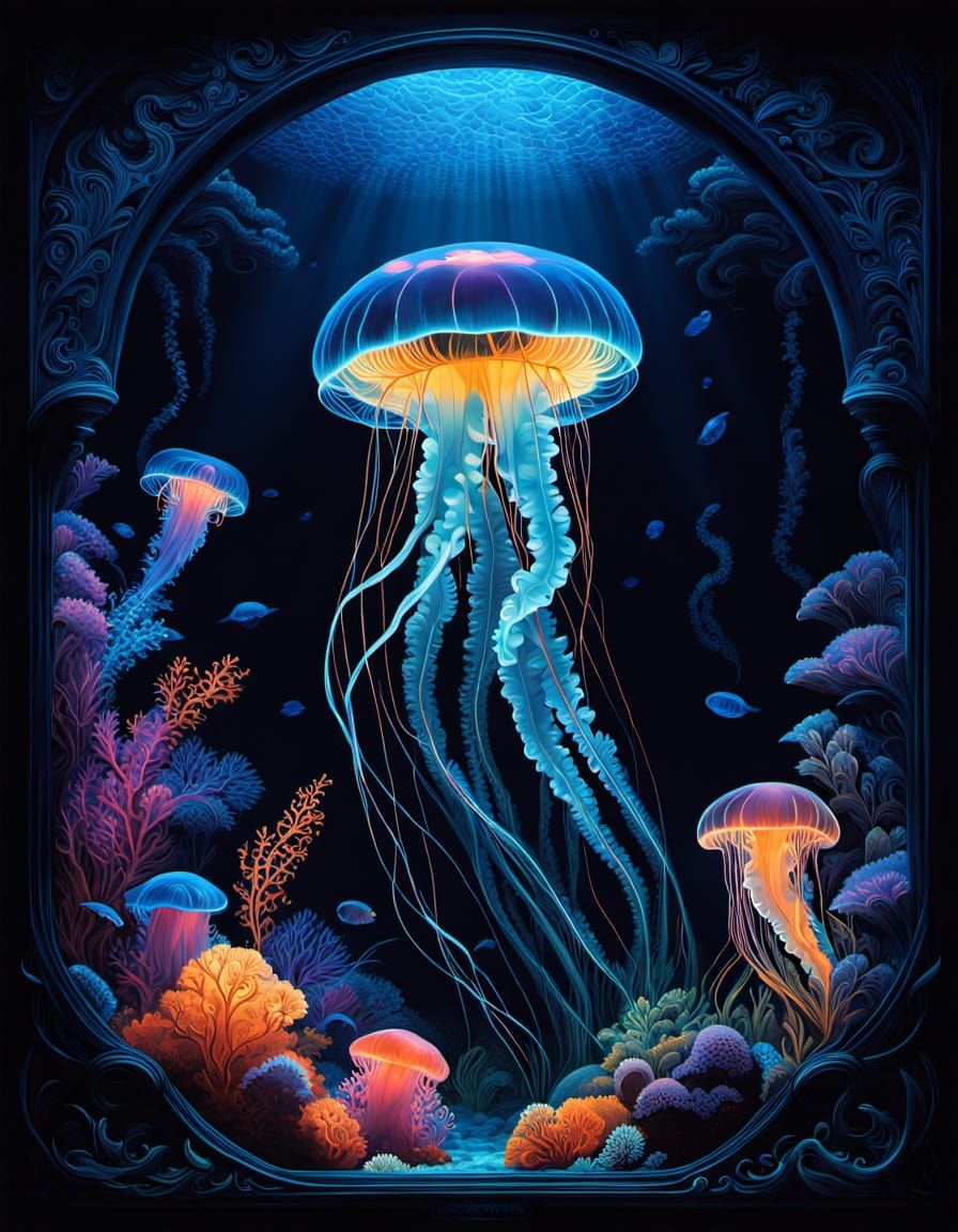 Glowing Bioluminescent Jellyfish in Dark Underwater World