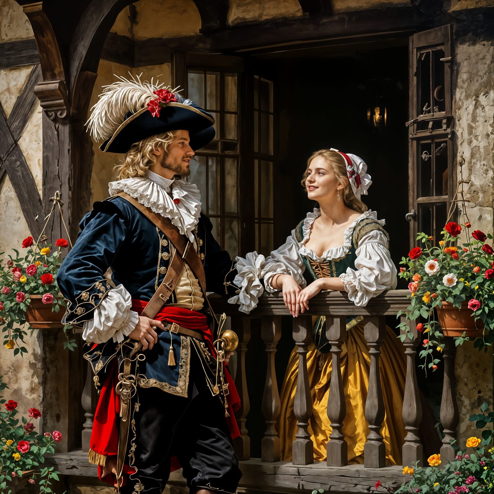 Musketeer Courts Maiden from Balcony in Baroque Style