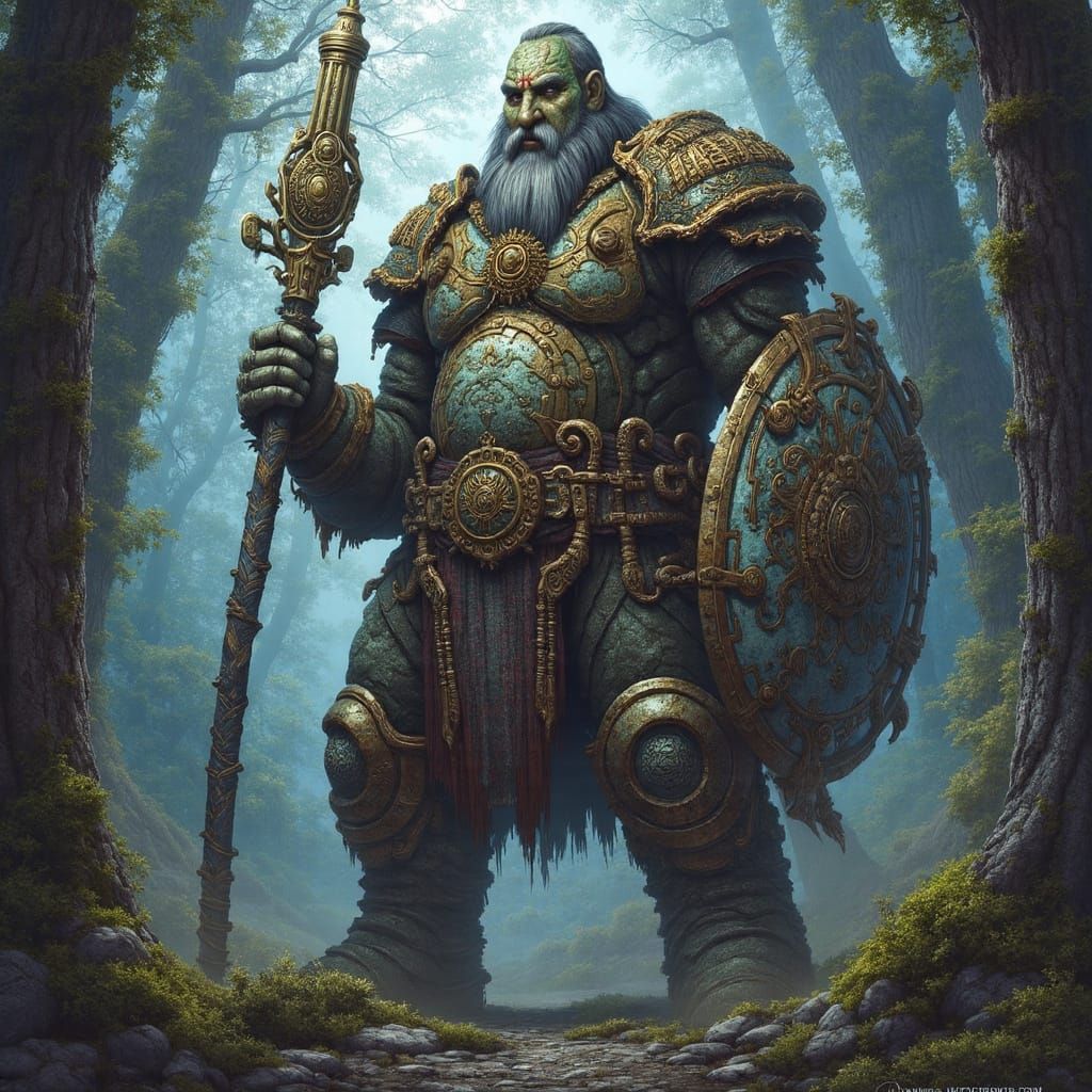 Ancient Dwarf King Statue in Misty Forest
