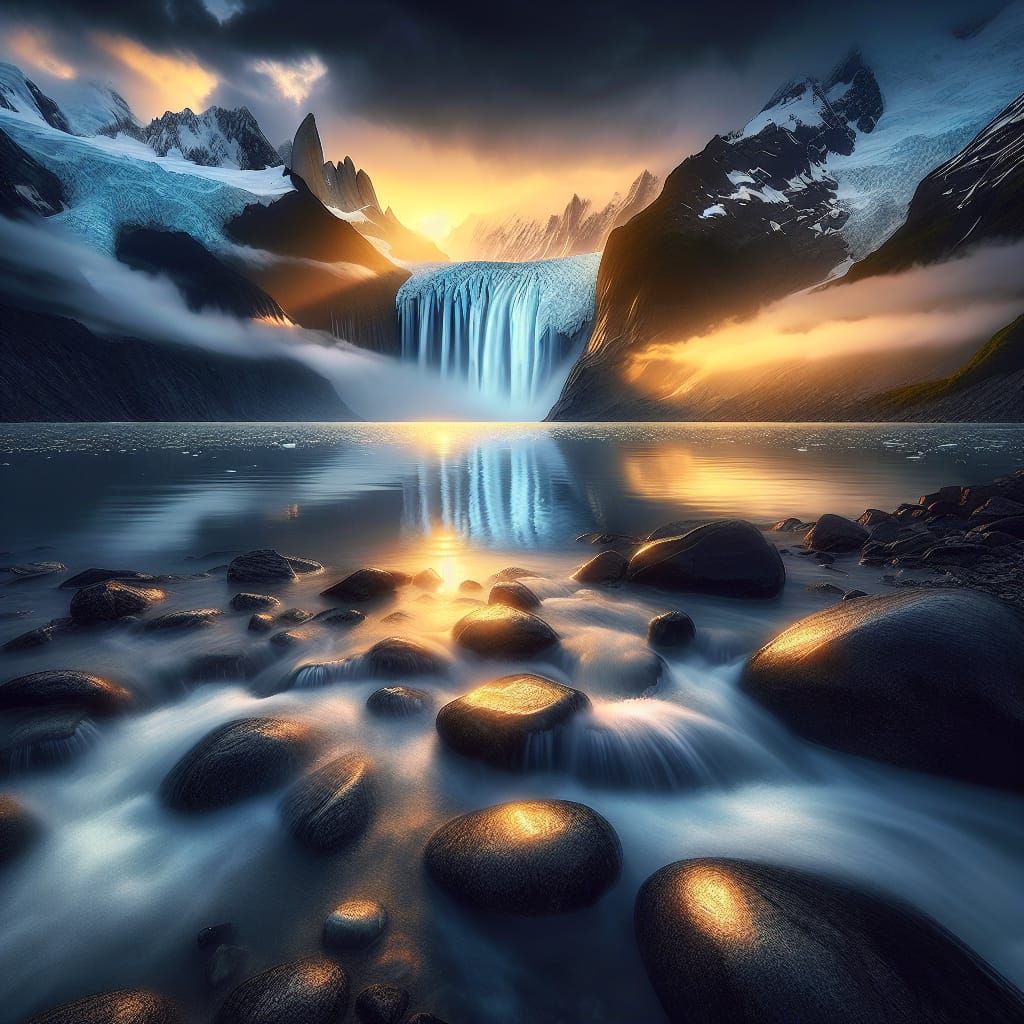 Glacier Waterfall Landscape at Sunrise: Professional Photogr...