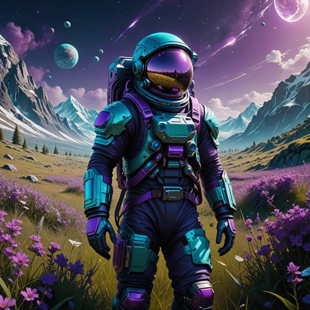 Ethereal Astronaut in Vibrant Meadow Landscape