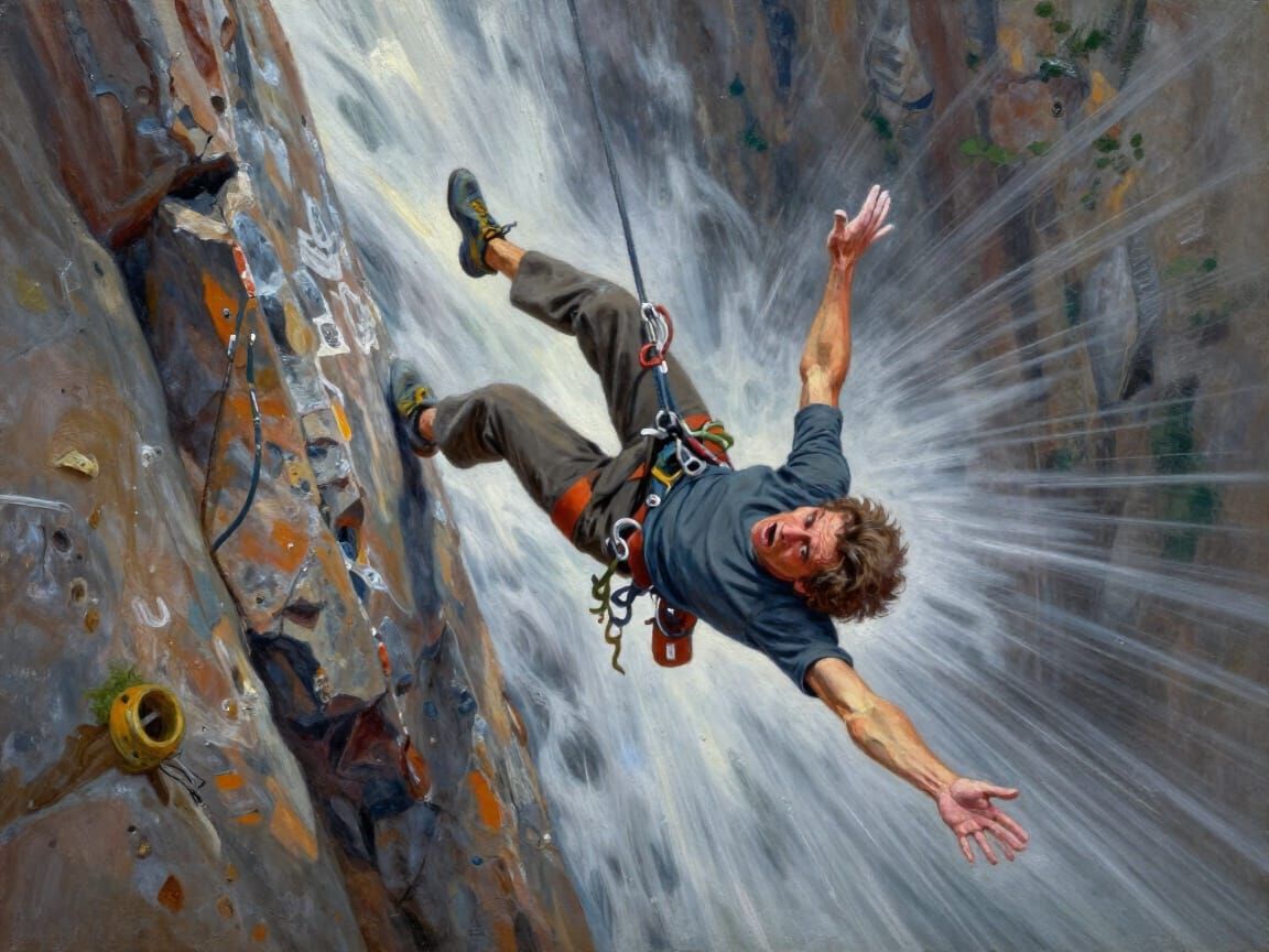 Terrified Free Solo Climber Falls Vertically in Oil Painting