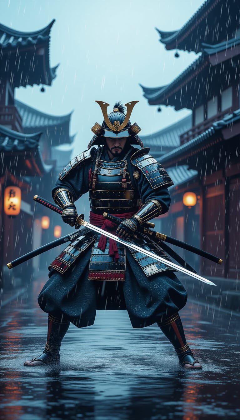 Samurai in Rain: A Dark Fantasy Scene
