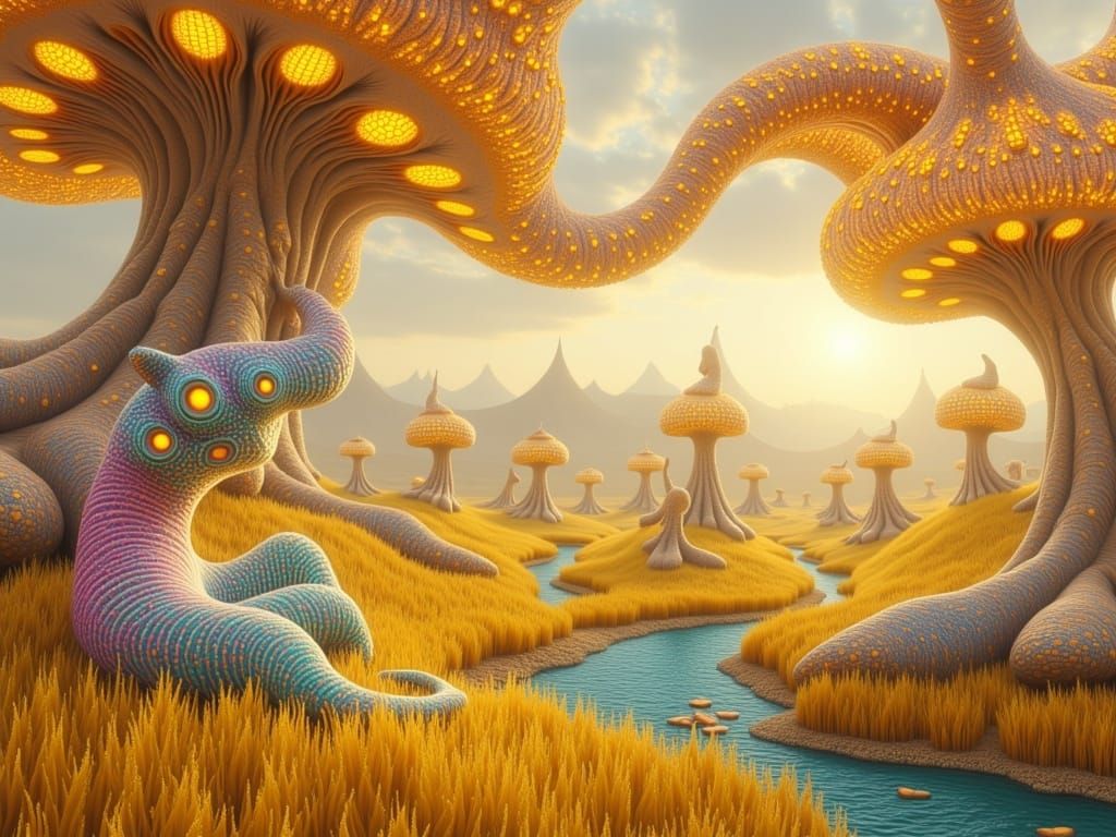 Whimsical Dreamlike Meadow Scene with Alien Feline and Surre...