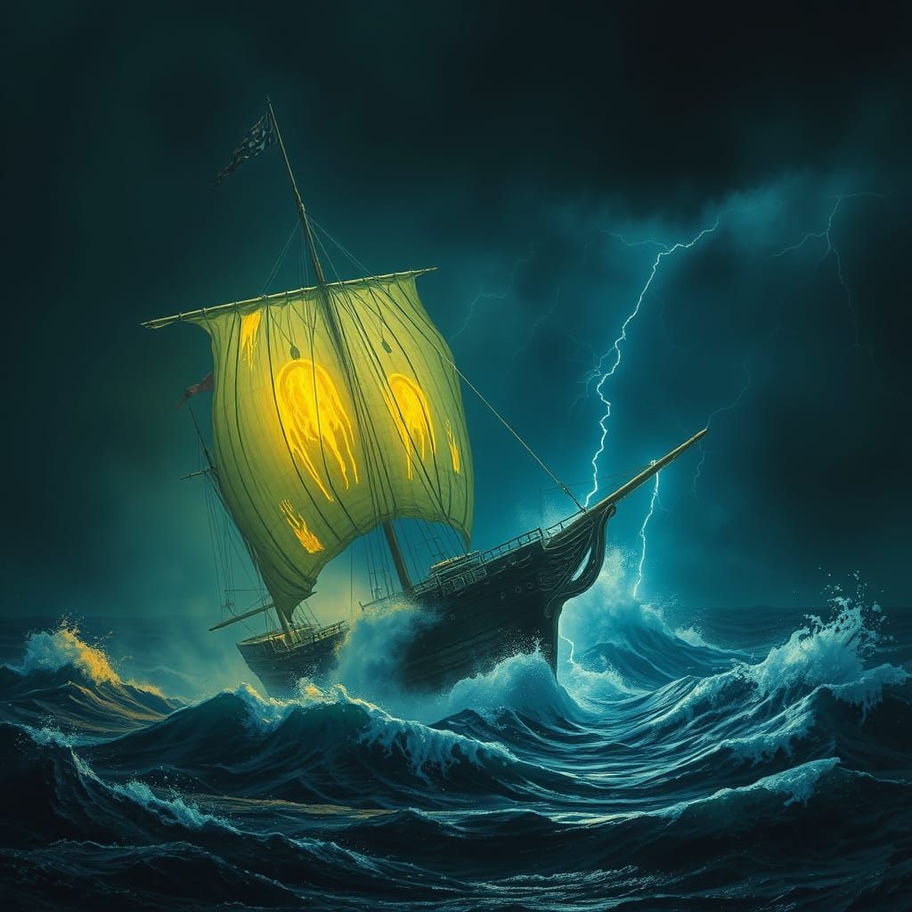 Ghost Ship on Stormy Ocean in Beksiński Style