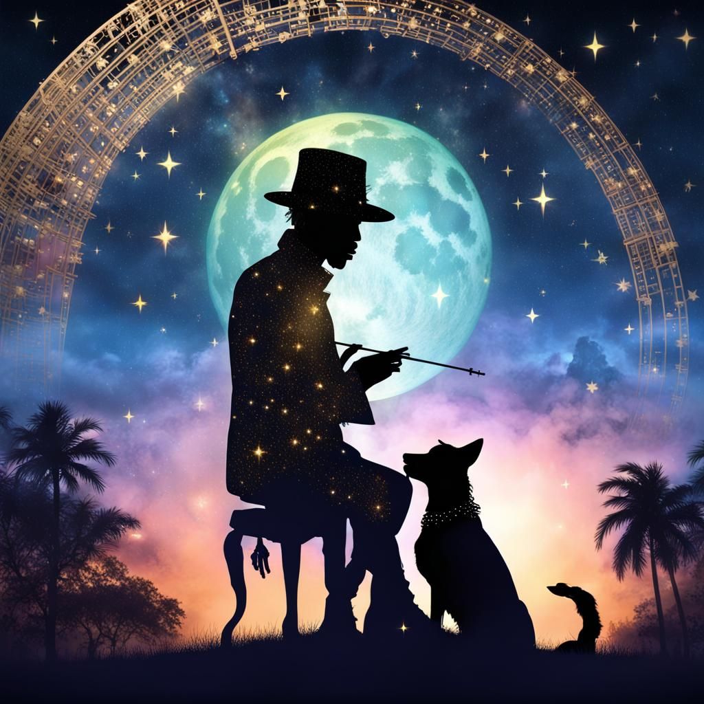 Papa Legba wearing straw hat sitting with his dog