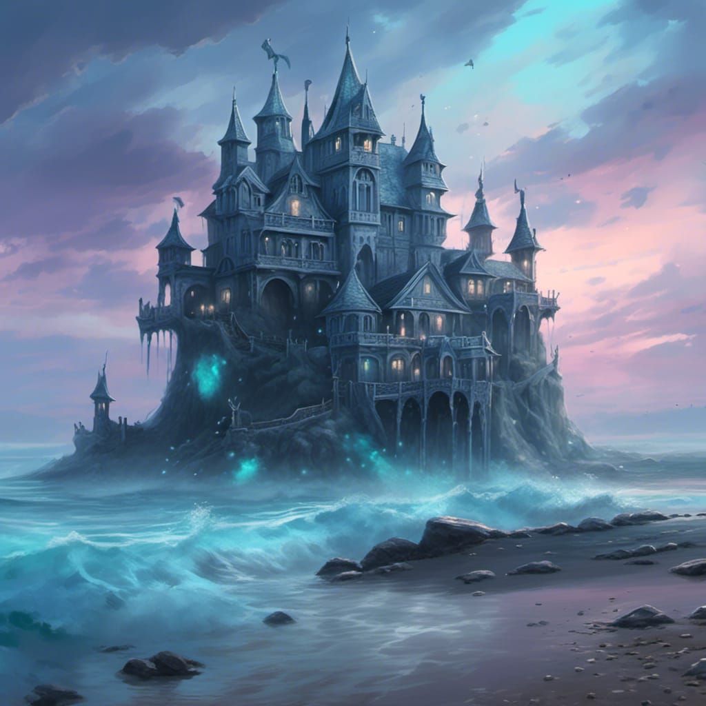 Haunted Beach with Blue Castle and Ethereal Ghosts