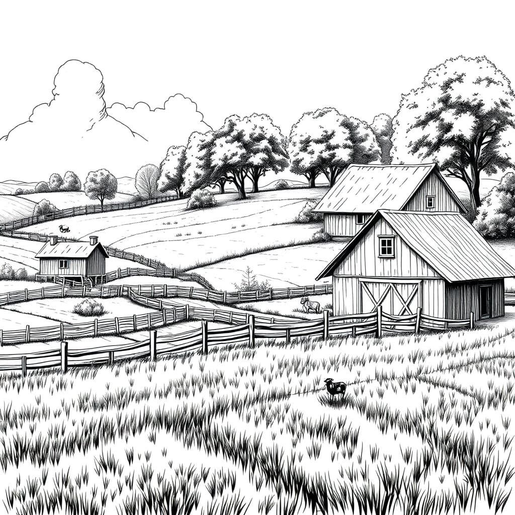 Rustic Farm Scene in Monet-Inspired Black and White Sketch