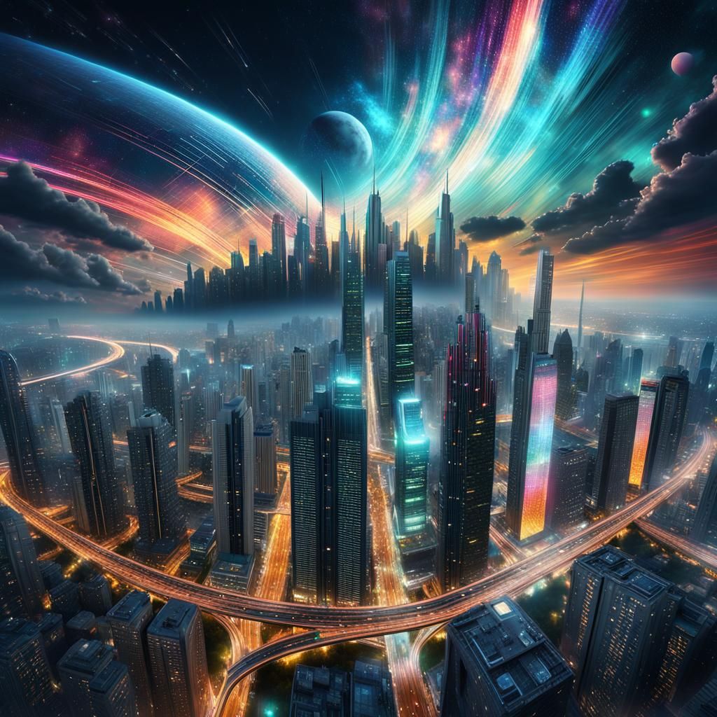 Glowing Metropolis at Moonrise: Fantasy Concept Art