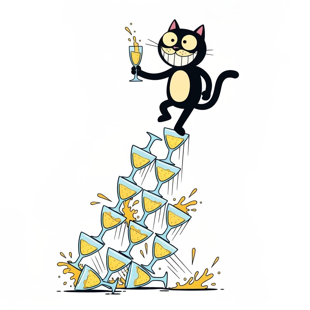 Mischievous Cat Perched Atop Champagne Glass Pyramid