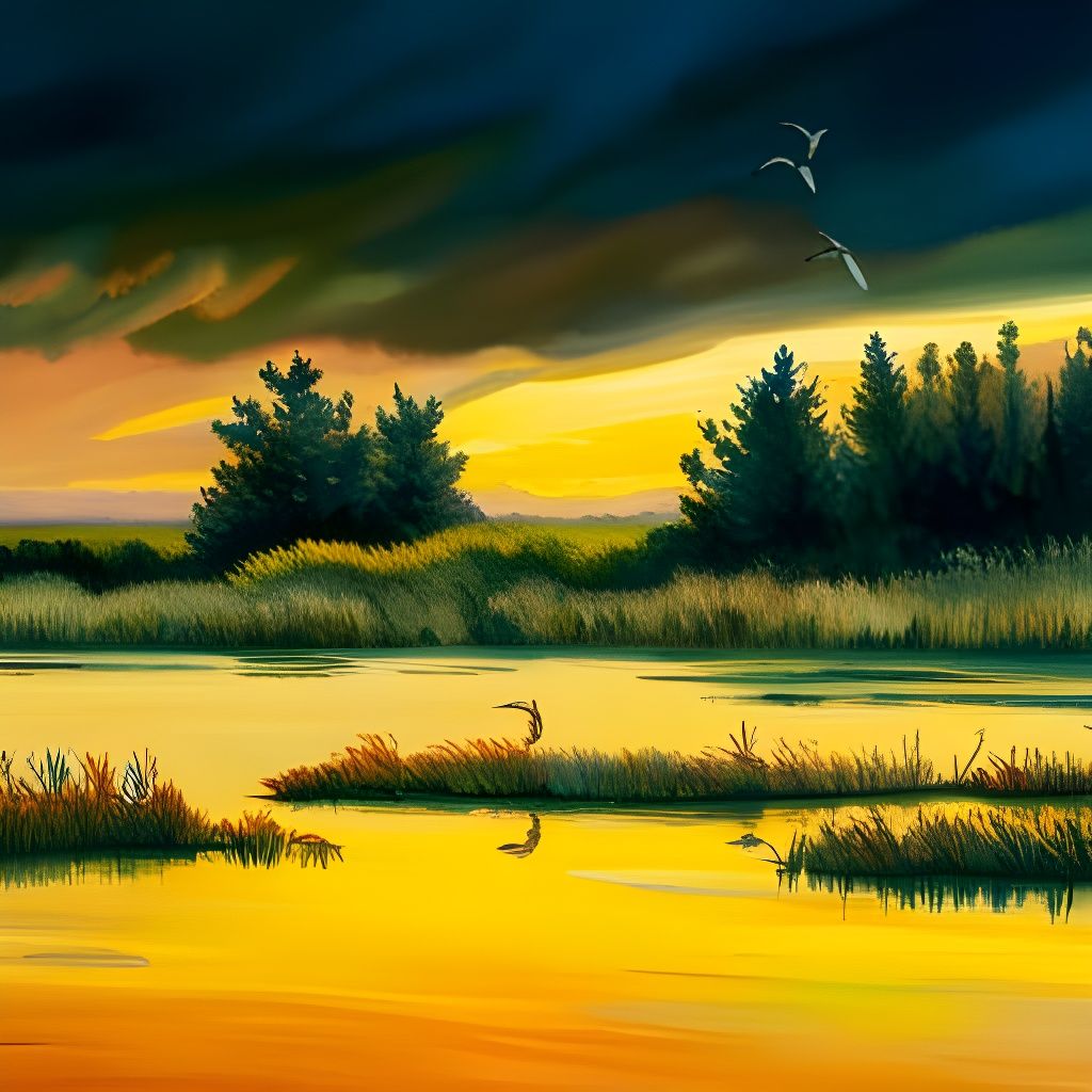 Virginia Marsh: Lilies, Birds, and Golden Sky