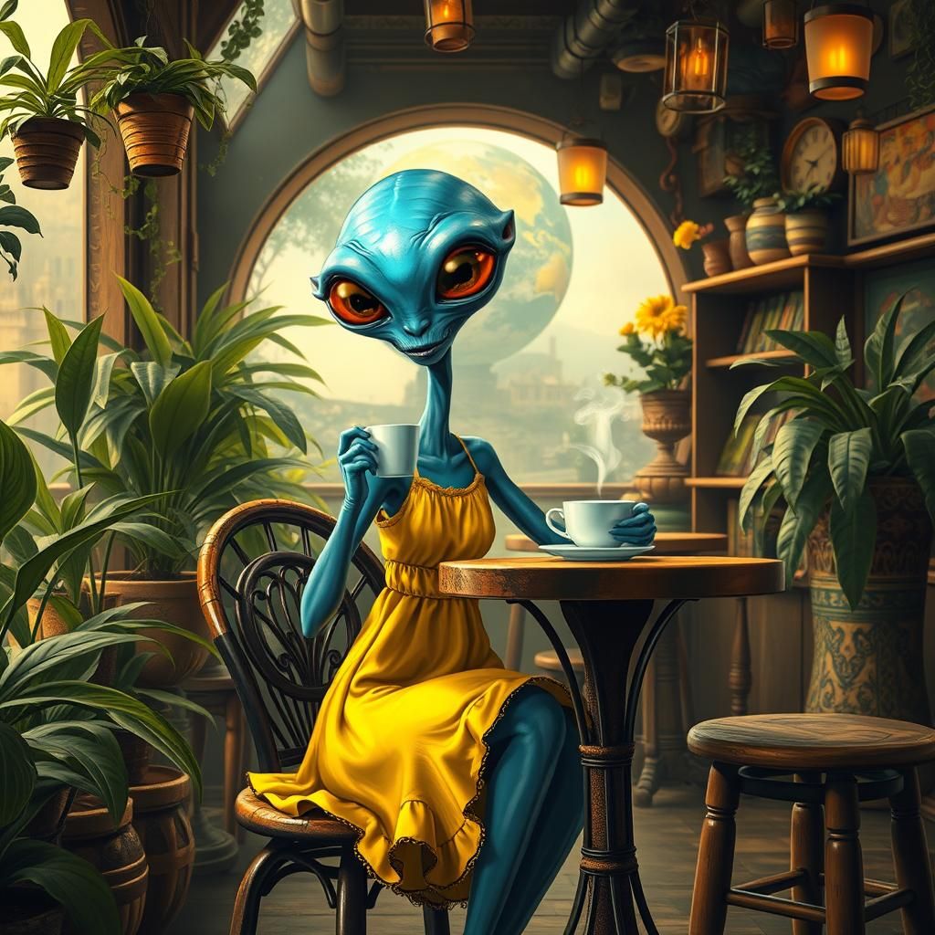 A curious, slender alien with iridescent blue skin and large...