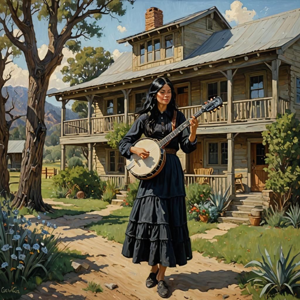 Woman Plays Banjo in Front of Ranch House