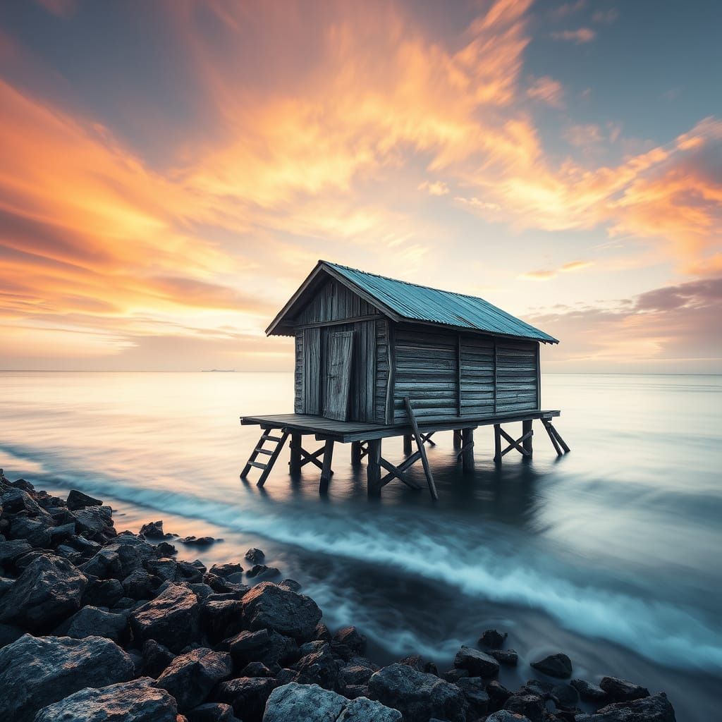 Weathered Fishing Hut on Stilts Amidst Serene Crescent-Shore...