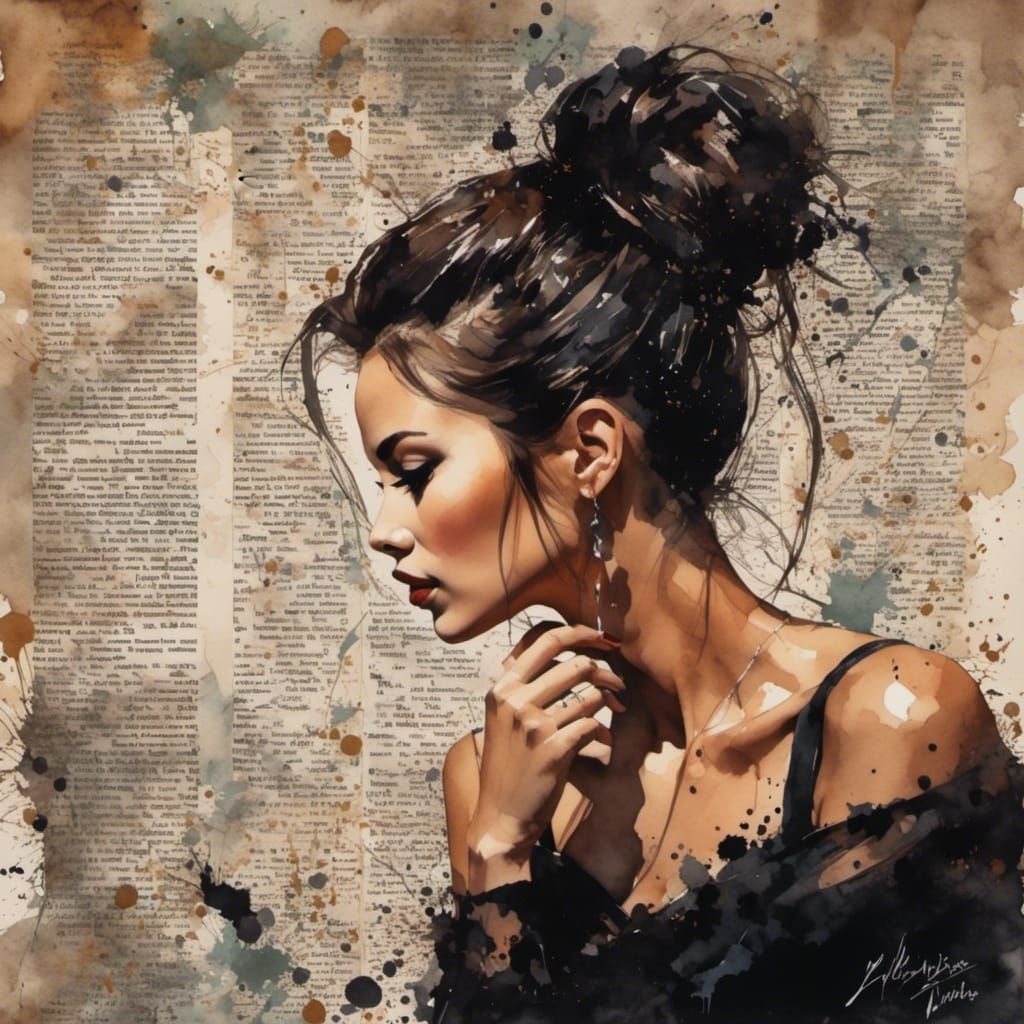 Watercolor Portrait of Woman with Newspaper Splatter