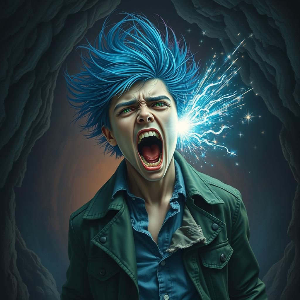 Distraught Man's Cosmic Heart: A Surreal Explosion