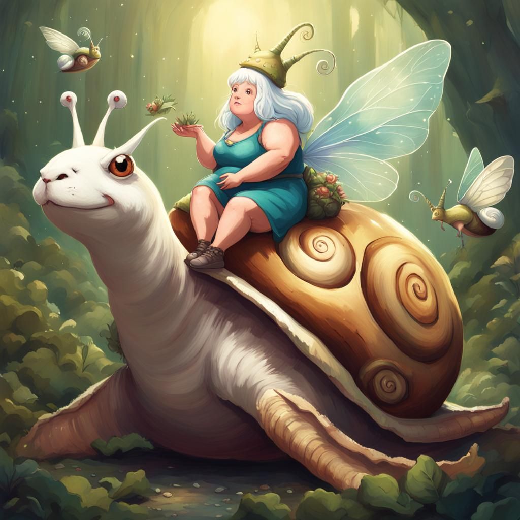 Overweight Fairy Rides Snail in Snail Kingdom