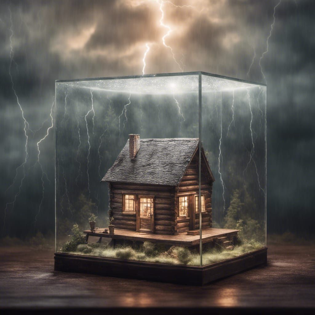 Hyperrealistic Lightning Strikes Tiny Cabin in Glass Cube