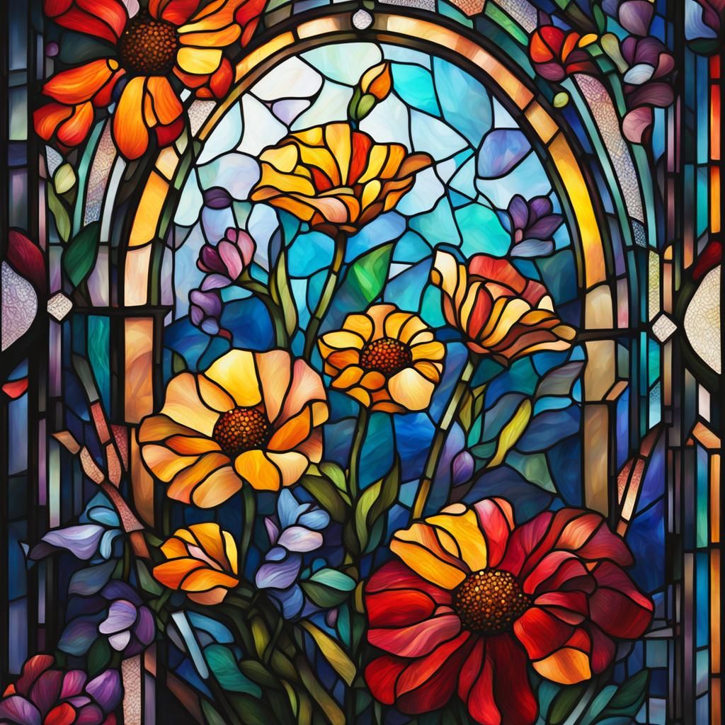 Hyperrealistic Stained Glass Floral Window
