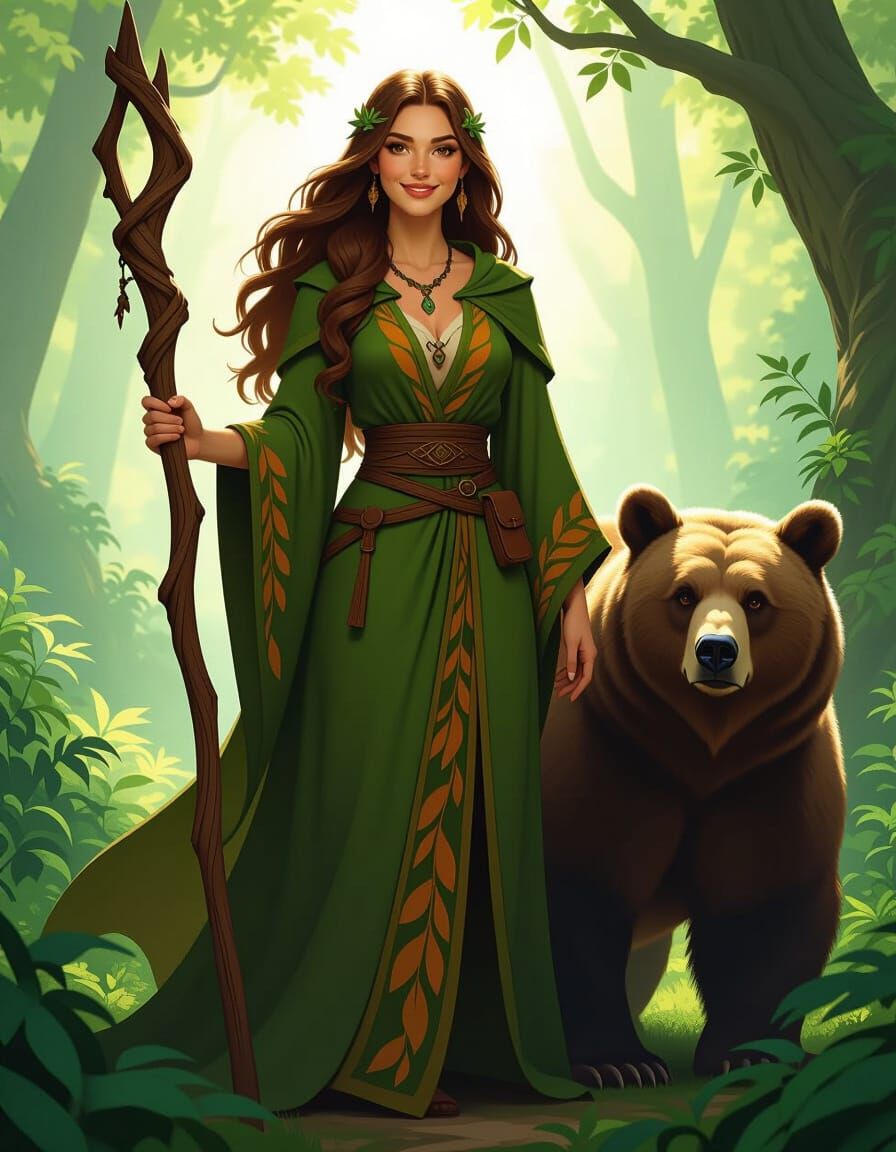 Curvy Druid in Forest with Bear, Digital Matte Painting