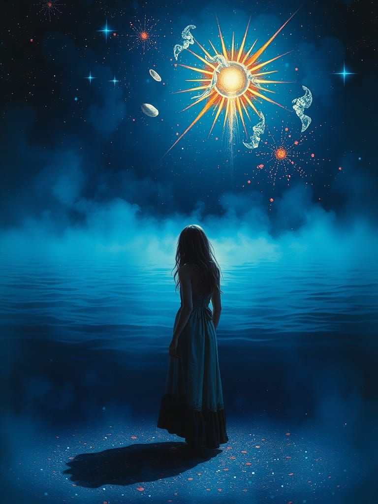 Sorrowful Woman in Celestial Dreamscape, Pablo Amaringo Styl...