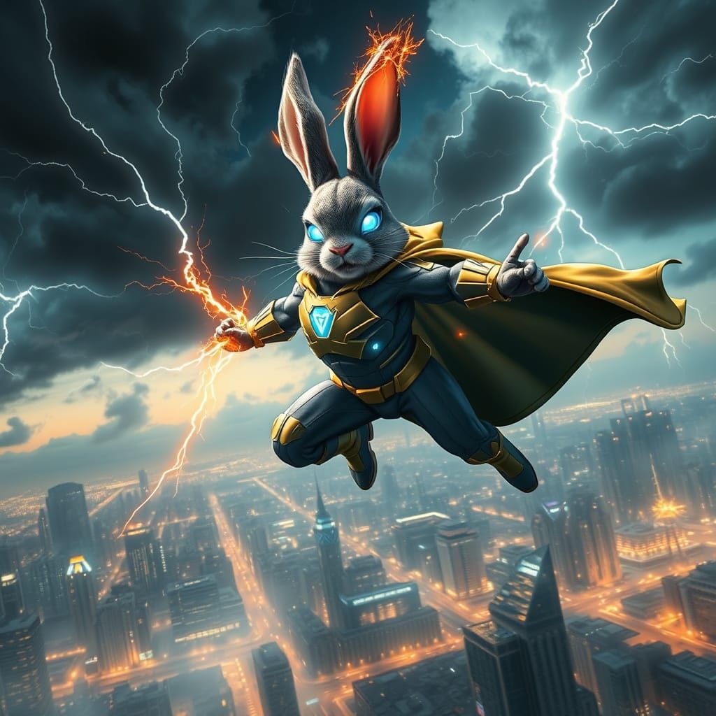 Epic Digital Painting of a Superhero Bunny in Flight