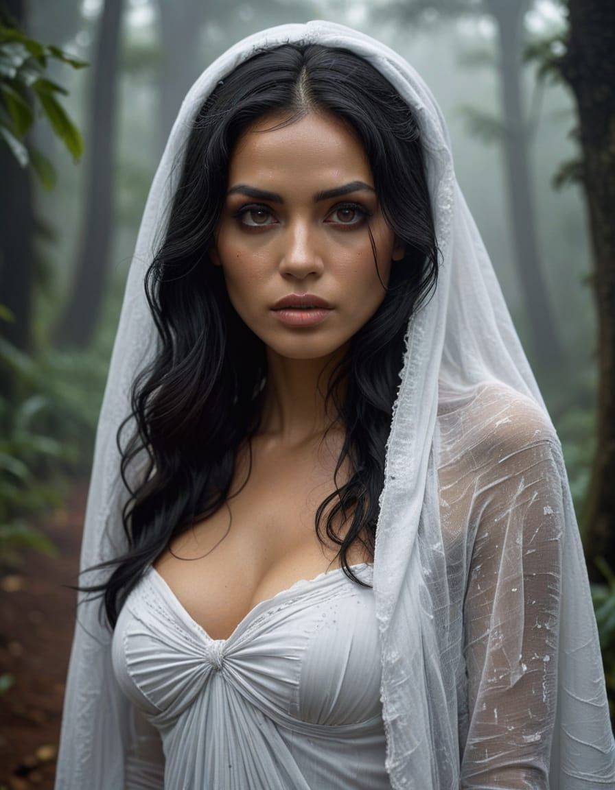 Eerie Indonesian Woman on Misty Tropical Road