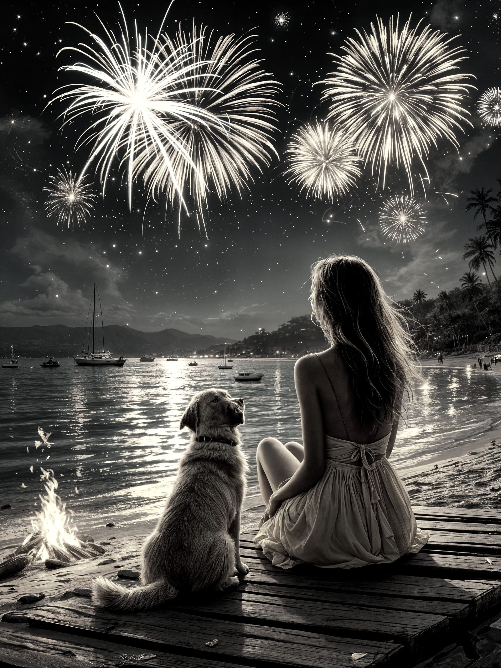 Woman and Dog Watching Fireworks Display