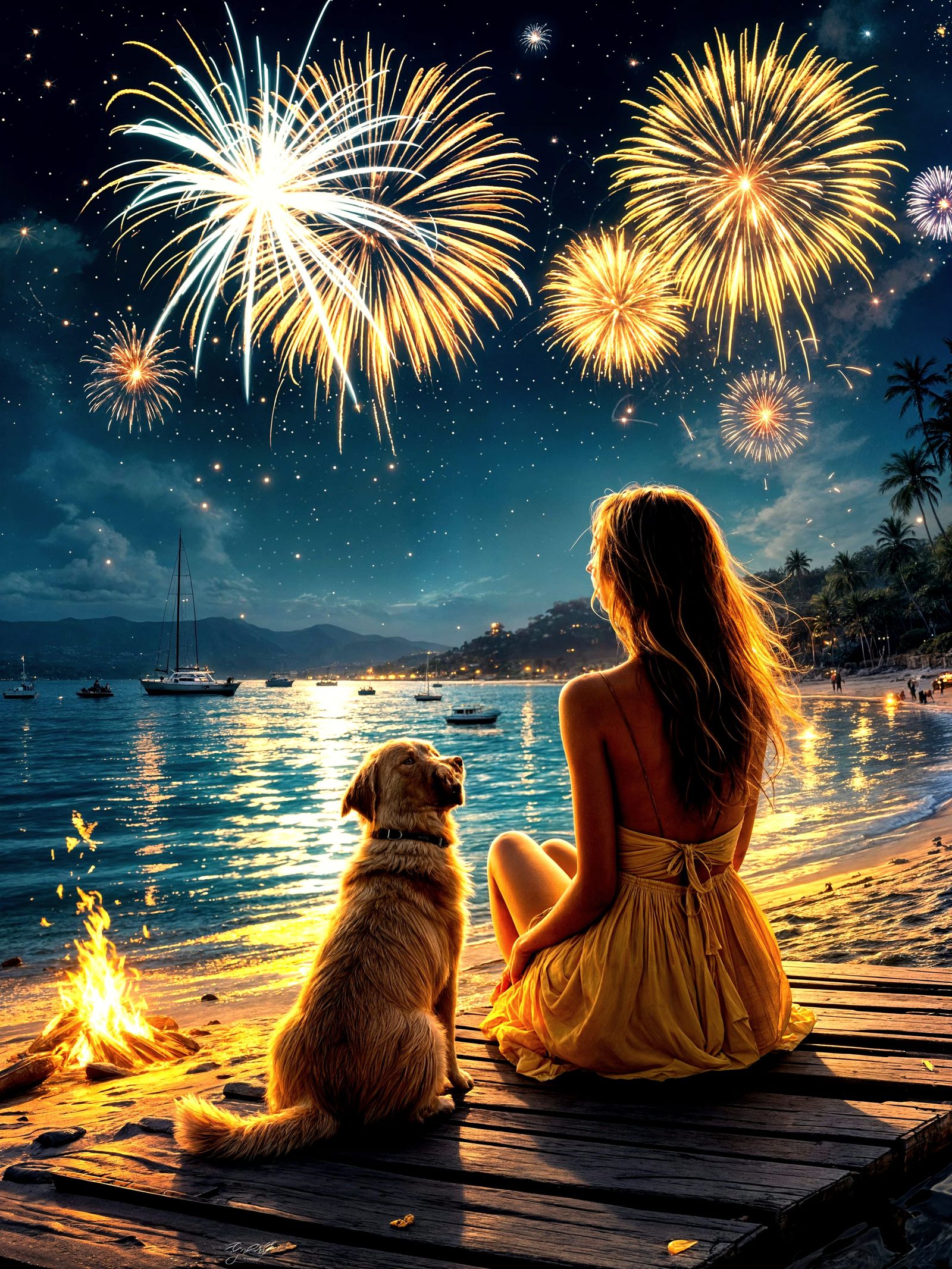 Woman and Dog Watching Fireworks Display