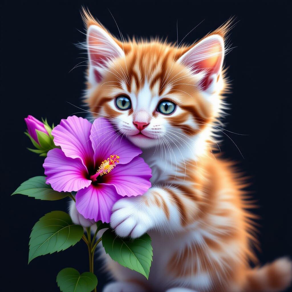 Smiling Kitten Hugging Hibiscus Flower in Anime Style