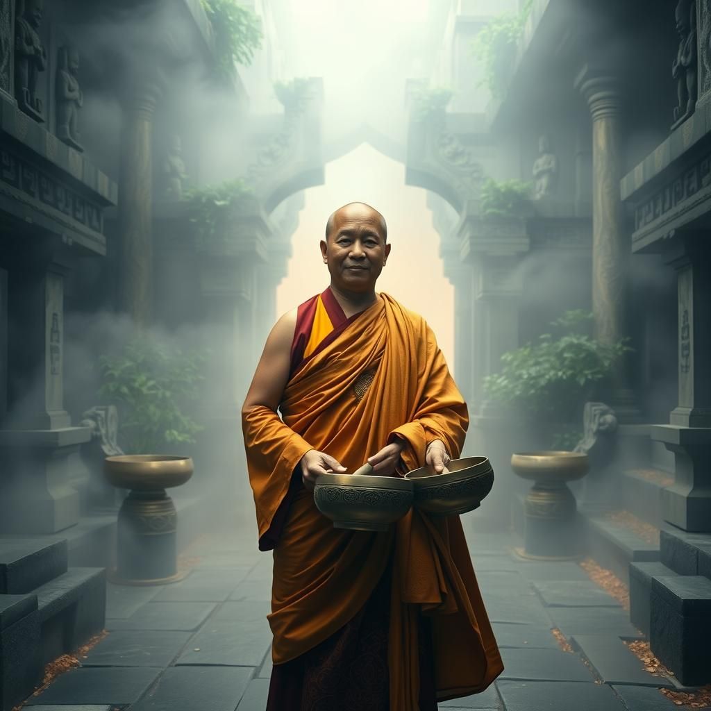 Serene Buddhist Monk in Mystical Temple