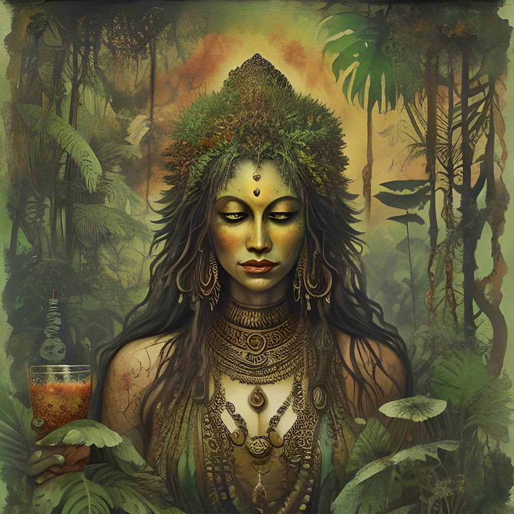 Cavewoman and Buddha in Whimsical Jungle Scene