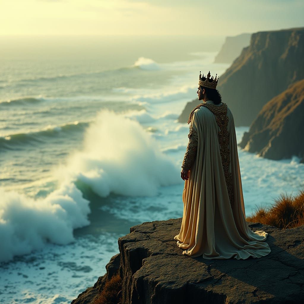 Regal King Overlooking Turbulent Sea in Cinematic Style